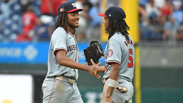 Aug 18, 2024; Philadelphia, Pennsylvania, USA; Washington Nationals outfielder James Wood (29) and shortstop CJ Abrams (5) celebrate win against the Philadelphia Phillies at Citizens Bank Park. Aug 18, 2024; Philadelphia, Pennsylvania, USA; Washington Nationals outfielder James Wood (29) and shortstop CJ Abrams (5) celebrate win against the Philadelphia Phillies at Citizens Bank Park.
