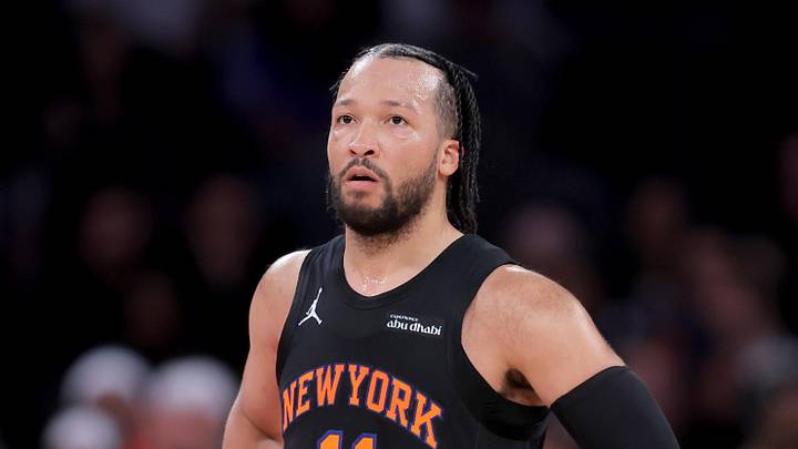 Knicks guard Jalen Brunson reacts during a game.