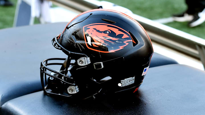 Oct 9, 2021; Pullman, Washington, USA; Oregon State Beavers helmet sits during a game against the Washington State Cougars in the first half at Gesa Field at Martin Stadium. Mandatory Credit: James Snook-Imagn Images