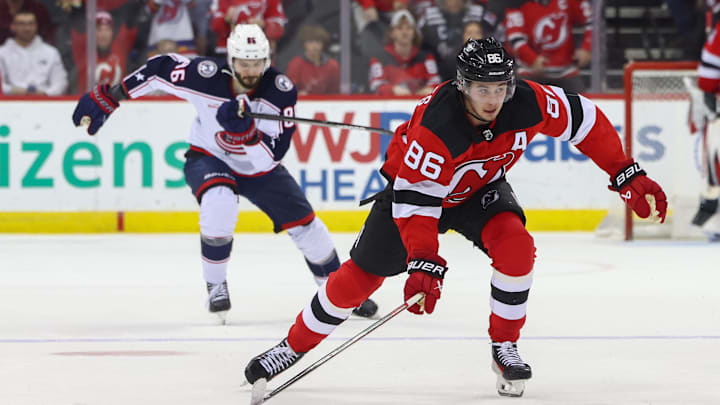 Dec 27, 2023; Newark, New Jersey, USA; New Jersey Devils center Jack Hughes (86) skates with the