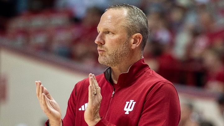Indiana head coach Darian DeVries against Alabama A&M at Simon Skjodt Assembly Hall.