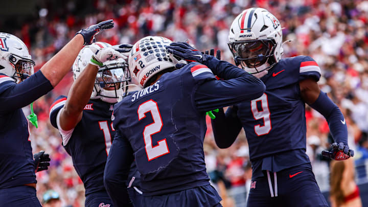 Nov 22, 2025; Tucson, Arizona, USA; Arizona Wildcats defensive back Treydan Stukes (2) dances after he intercepts the ball in the end zone during the fourth quarter of the game against the Baylor Bears at Casino Del Sol Stadium. Mandatory Credit: Aryanna Frank-Imagn Images Nov 22, 2025; Tucson, Arizona, USA; Arizona Wildcats defensive back Treydan Stukes (2) dances after he intercepts the ball in the end zone during the fourth quarter of the game against the Baylor Bears at Casino Del Sol Stadium. Mandatory Credit: Aryanna Frank-Imagn Images