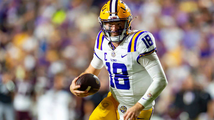 Tigers Quarterback Garrett Nussmeier 18, LSU Tigers take on the Texas A&M Aggies. October 25, 2025; Baton Rouge, Louisiana, USA; at Tiger Stadium. Saturday, Oct. 25, 2025.