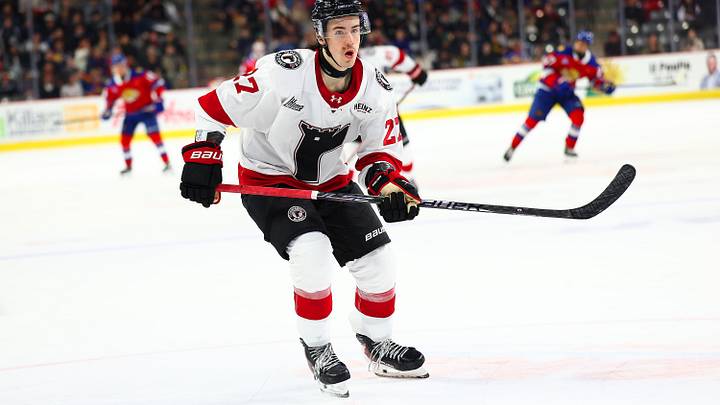 MONCTON, CANADA - NOVEMBER 16: Charlie Morrison #27 of the Quebec Remparts skates after the puck against the Moncton Wildcats during the third period at Avenir Centre on November 16, 2025 in Moncton, Canada. (Photo by Dale Preston/Getty Images)