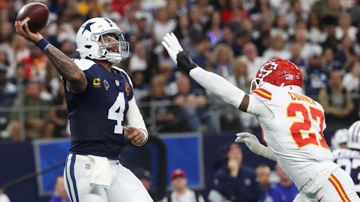 Dallas Cowboys quarterback Dak Prescott throws a pass against Kansas City Chiefs safety Chamarri Conner. Dallas Cowboys quarterback Dak Prescott throws a pass against Kansas City Chiefs safety Chamarri Conner.