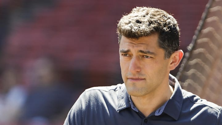 Aug 28, 2022; Boston, Massachusetts, USA; Chaim Bloom, Chief Baseball Officer of the Boston Red Sox on the field before the game between the Boston Red Sox and the Tampa Bay Rays at Fenway Park. Mandatory Credit: Winslow Townson-Imagn Images