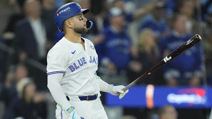 Nov 1, 2025; Toronto, Ontario, CAN; Toronto Blue Jays designated hitter Bo Bichette (11) hits a three run home run against the Los Angeles Dodgers in the third inning during game seven of the 2025 MLB World Series at Rogers Centre. Nov 1, 2025; Toronto, Ontario, CAN; Toronto Blue Jays designated hitter Bo Bichette (11) hits a three run home run against the Los Angeles Dodgers in the third inning during game seven of the 2025 MLB World Series at Rogers Centre.