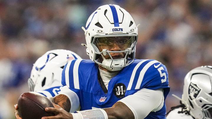 Indianapolis Colts quarterback Anthony Richardson (5) hands off the ball Sunday, Oct. 5, 2025, during a game against the Las Vegas Raiders at Lucas Oil Stadium in Indianapolis. The Indianapolis Colts defeated the Las Vegas Raiders, 40-6. Indianapolis Colts quarterback Anthony Richardson (5) hands off the ball Sunday, Oct. 5, 2025, during a game against the Las Vegas Raiders at Lucas Oil Stadium in Indianapolis. The Indianapolis Colts defeated the Las Vegas Raiders, 40-6.