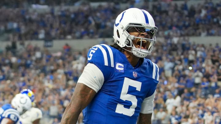 Indianapolis Colts quarterback Anthony Richardson (5) reacts after scoring a touchdown during fourth quarter game action against the Los Angeles Rams at Indianapolis Colts, on Sunday, Oct. 1, 2023, at Lucas Oil Stadium in Indianapolis.