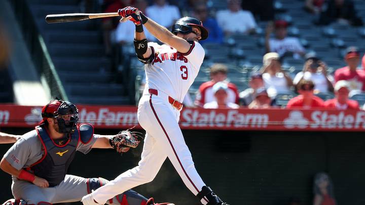 Jul 22, 2026; Anaheim, California, USA;  Los Angeles Angels right fielder Josh Lowe (3) strikes out swinging on a foul tip caught by St. Louis Cardinals catcher Jimmy Crooks (8) for the final out of the game at Angel Stadium. Mandatory Credit: Kiyoshi Mio-Imagn Images