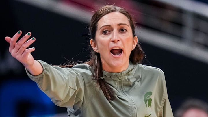 Michigan State Spartans head coach Robyn Fralick calls out to her team Thursday, March 6, 2025, in a round two game at the 2025 TIAA Big Ten Women's Basketball Tournament between the Iowa Hawkeyes and the Michigan State Spartans at Gainbridge Fieldhouse in Indianapolis.