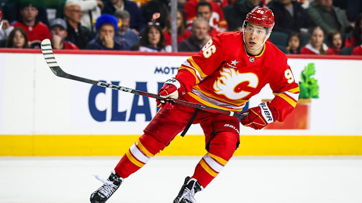 Jan 23, 2025; Calgary, Alberta, CAN; Calgary Flames left wing Andrei Kuzmenko (96) skates against the Buffalo Sabres during the first period at Scotiabank Saddledome. Mandatory Credit: Sergei Belski-Imagn Images Jan 23, 2025; Calgary, Alberta, CAN; Calgary Flames left wing Andrei Kuzmenko (96) skates against the Buffalo Sabres during the first period at Scotiabank Saddledome. Mandatory Credit: Sergei Belski-Imagn Images