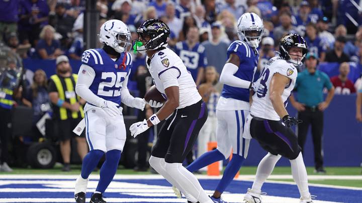 Sep 13, 2026; Indianapolis, Indiana, USA; Baltimore Ravens wide receiver Ja'Kobi Lane (6) scores a touchdown against the Indianapolis Colts at Lucas Oil Stadium. Mandatory Credit: Trevor Ruszkowski-Imagn Images Sep 13, 2026; Indianapolis, Indiana, USA; Baltimore Ravens wide receiver Ja'Kobi Lane (6) scores a touchdown against the Indianapolis Colts at Lucas Oil Stadium. Mandatory Credit: Trevor Ruszkowski-Imagn Images
