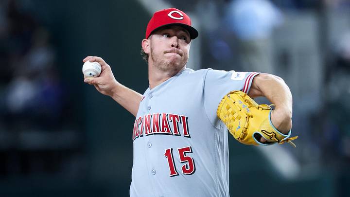 Apr 4, 2026; Arlington, Texas, USA;  Cincinnati Reds pitcher Emilio Pagan (15) throws during the ninth inning against the Texas Rangers at Globe Life Field. Mandatory Credit: Kevin Jairaj-Imagn Images