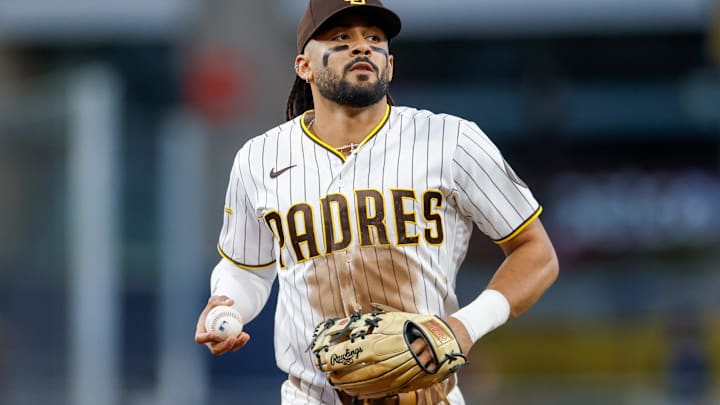 Apr 11, 2026; San Diego, California, USA; San Diego Padres second baseman Fernando Tatis Jr. (23) comes off the field during the fifth inning against the Colorado Rockies at Petco Park. Mandatory Credit: David Frerker-Imagn Images