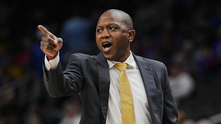 Dec 7, 2025; Kansas City, Missouri, USA; Missouri Tigers head coach Dennis Gates reacts during the second half against the Kansas Jayhawks at T-Mobile Center. Mandatory Credit: Jay Biggerstaff-Imagn Images