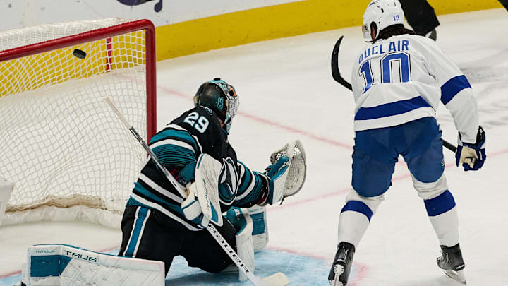 Mar 21, 2024; San Jose, California, USA; Tampa Bay Lightning left wing Anthony Duclair (10) scores a