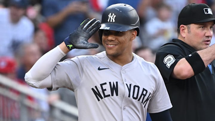 Aug 26, 2024; Washington, District of Columbia, USA; New York Yankees right fielder Juan Soto (22) salutes the Washington Nationals bench before an at bat during the first inning at Nationals Park.