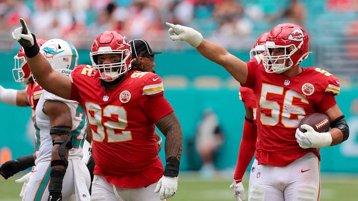 Sep 27, 2026; Miami Gardens, Florida, USA; Kansas City Chiefs defensive end George Karlaftis (56) celebrates after recovering a fumble against the Miami Dolphins during the fourth quarter at Hard Rock Stadium. Mandatory Credit: Sam Navarro-Imagn Images Sep 27, 2026; Miami Gardens, Florida, USA; Kansas City Chiefs defensive end George Karlaftis (56) celebrates after recovering a fumble against the Miami Dolphins during the fourth quarter at Hard Rock Stadium. Mandatory Credit: Sam Navarro-Imagn Images