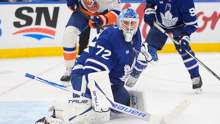 Oct 17, 2026; Toronto, Ontario, CAN;  Toronto Maple Leafs goaltender Sergei Bobrovsky (72) makes a save against the New York Islanders during the second period at Scotiabank Arena.  Mandatory Credit: John E. Sokolowski-Imagn Images