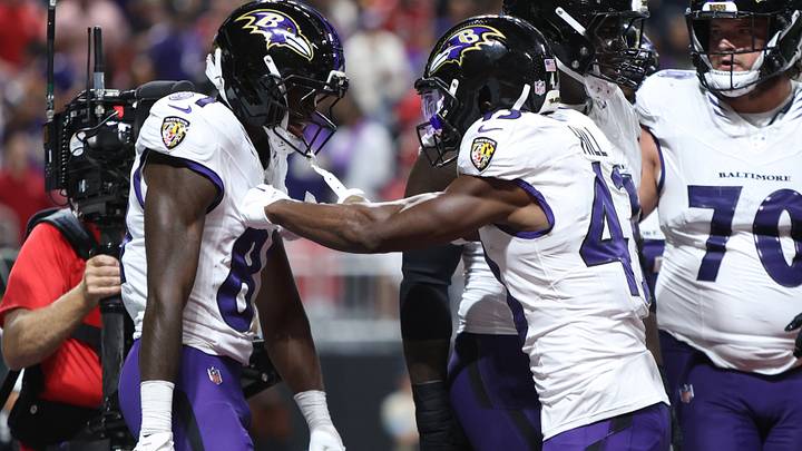Oct 11, 2026; Atlanta, Georgia, USA;  Baltimore Ravens wide receiver Devontez Walker (81) celebrates with running back Justice Hill (43) after scoring a touchdown during the fourth quarter against the Atlanta Falcons at Mercedes-Benz Stadium.  Mandatory Credit: Brett Davis-Imagn Images