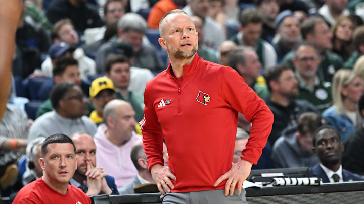 Mar 21, 2026; Buffalo, NY, USA; Louisville Cardinals head coach Pat Kelsey looks on during the first half against the Michigan State Spartans during a second round game of the men's 2026 NCAA Tournament at Keybank Center. Mandatory Credit: Mark Konezny-Imagn Images