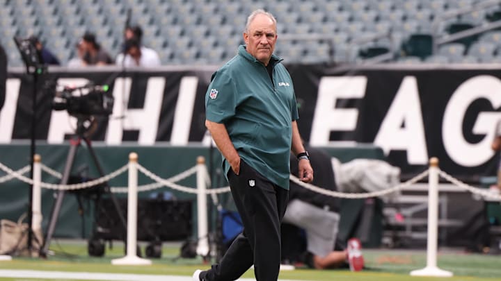 Sep 16, 2024; Philadelphia, Pennsylvania, USA; Philadelphia Eagles defensive coordinator Vic Fangio before a game against the Atlanta Falcons at Lincoln Financial Field. Mandatory Credit: Bill Streicher-Imagn Images