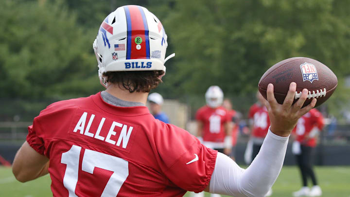 Bills quarterback Josh Allen throws long along the sideline during the final day of Buffalo Bills training camp at St. John Fisher University Thursday, August 7, 2025 in Pittsford, NY.