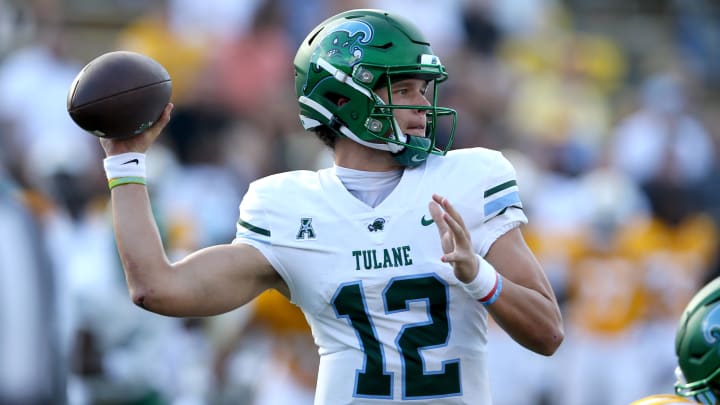 Sep 16, 2023; Hattiesburg, Mississippi, USA; Tulane Green Wave quarterback Kai Horton (12) looks to throw against the Southern Miss Golden Eagles in the second half at M.M. Roberts Stadium. Sep 16, 2023; Hattiesburg, Mississippi, USA; Tulane Green Wave quarterback Kai Horton (12) looks to throw against the Southern Miss Golden Eagles in the second half at M.M. Roberts Stadium.