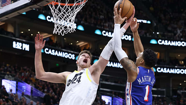 Feb 1, 2024; Salt Lake City, Utah, USA; Utah Jazz center Walker Kessler (24) and Philadelphia 76ers forward KJ Martin (1) battle for a rebound during the second quarter at Delta Center. Mandatory Credit: Rob Gray-Imagn Images
