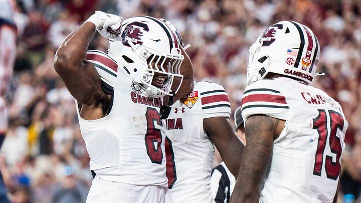 Dec 31, 2024; Orlando, FL, USA; South Carolina Gamecocks running back Dylan Stewart (6) celebrates his touchdown against the Illinois Fighting Illini in the fourth quarter at Camping World Stadium. Mandatory Credit: Jeremy Reper-Imagn Images