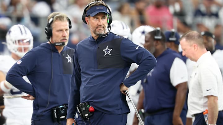 Dallas Cowboys head coach Brian Schottenheimer looks on during the game against the Washington Commanders. Dallas Cowboys head coach Brian Schottenheimer looks on during the game against the Washington Commanders.
