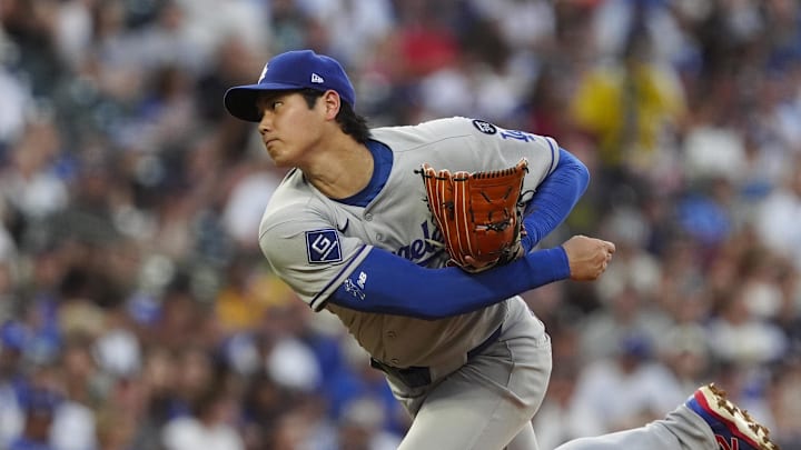Aug 20, 2025; Denver, Colorado, USA; Los Angeles Dodgers two-way player Shohei Ohtani (17) delivers a pitch in third inning against the Colorado Rockies at Coors Field. Mandatory Credit: Ron Chenoy-Imagn Images