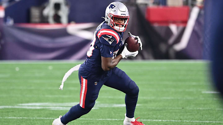 New England Patriots WR Kayshon Boutte runs after the catch during the first half against the Carolina Panthers at Gillette Stadium.