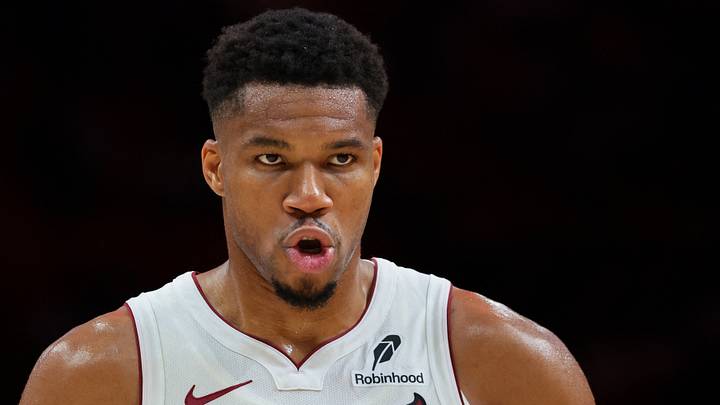 Miami Heat forward Giannis Antetokounmpo (7) reacts  (Mandatory Credit: Sam Navarro-Imagn Images)