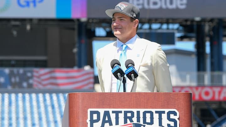 Apr 26, 2024; Foxborough, MA, USA; New England Patriots first round draft pick Drake Maye speaks to media on the game field at Gillette Stadium. Mandatory Credit: Eric Canha-USA TODAY Sports