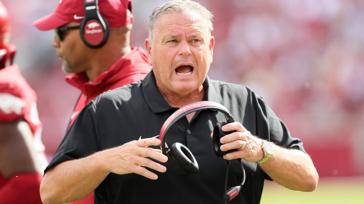 Arkansas Razorbacks head coach Sam Pittman reacts during the second half against the Mississippi State Bulldogs at Donald W. Reynolds Razorback Stadium. Mississippi State won 7-3. Arkansas Razorbacks head coach Sam Pittman reacts during the second half against the Mississippi State Bulldogs at Donald W. Reynolds Razorback Stadium. Mississippi State won 7-3.