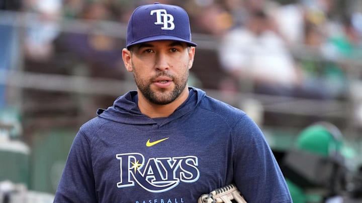 Aug 21, 2024; Oakland, California, USA; Tampa Bay Rays right fielder Dylan Carlson (10) before the game against the Oakland Athletics at Oakland-Alameda County Coliseum