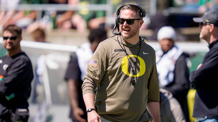 Oregon head coach Dan Lanning walks the field during the Oregon Ducks annual spring game on April 25, 2026 at Autzen Stadium in Eugene, Oregon.