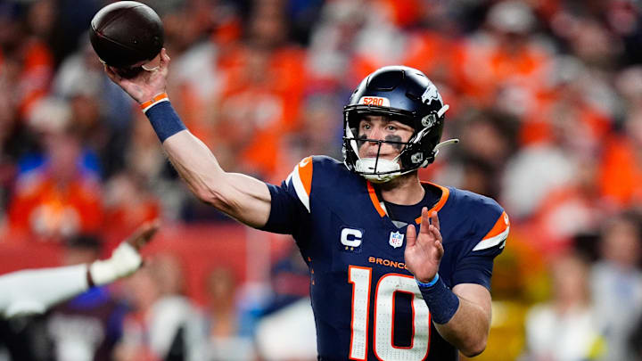 Sep 29, 2025; Denver, Colorado, USA; Denver Broncos quarterback Bo Nix (10) makes a pass during the fourth quarter against the Cincinnati Bengals at Empower Field at Mile High. Sep 29, 2025; Denver, Colorado, USA; Denver Broncos quarterback Bo Nix (10) makes a pass during the fourth quarter against the Cincinnati Bengals at Empower Field at Mile High.