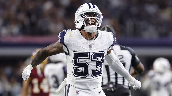 Sep 20, 2026; Arlington, Texas, USA;  Dallas Cowboys linebacker Dee Winters (53) reacts after a defensive play against the Washington Commanders during the second half at AT&T Stadium.  Mandatory Credit: Kevin Jairaj-Imagn Images
