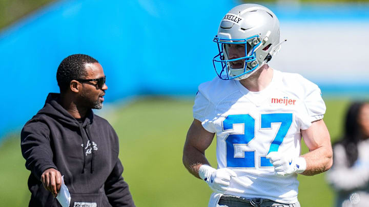 Detroit Lions safety Ian Kennelly (27) practices during rookie mini camp at Meijer Performance Center in Allen Park on Friday, May 9, 2025.