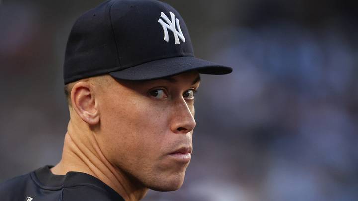 Jun 18, 2026; Bronx, New York, USA;  New York Yankees oufielder Aaron Judge (99) watches from the dugout in the fourth inning against the Chicago White Sox at Yankee Stadium. Mandatory Credit: Wendell Cruz-Imagn Images