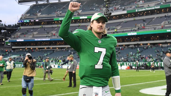 Dec 29, 2024; Philadelphia, Pennsylvania, USA; Philadelphia Eagles quarterback Kenny Pickett (7) walks off the field after win against the Dallas Cowboys at Lincoln Financial Field. Mandatory Credit: Eric Hartline-Imagn Images