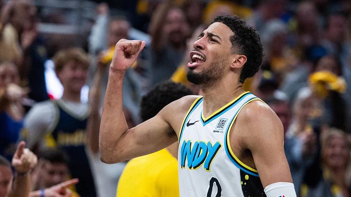 May 11, 2025; Indianapolis, Indiana, USA; Indiana Pacers guard Tyrese Haliburton (0) celebrates during game four of the second round for the 2025 NBA Playoffs against the Cleveland Cavaliers at Gainbridge Fieldhouse. Mandatory Credit: Trevor Ruszkowski-Imagn Images