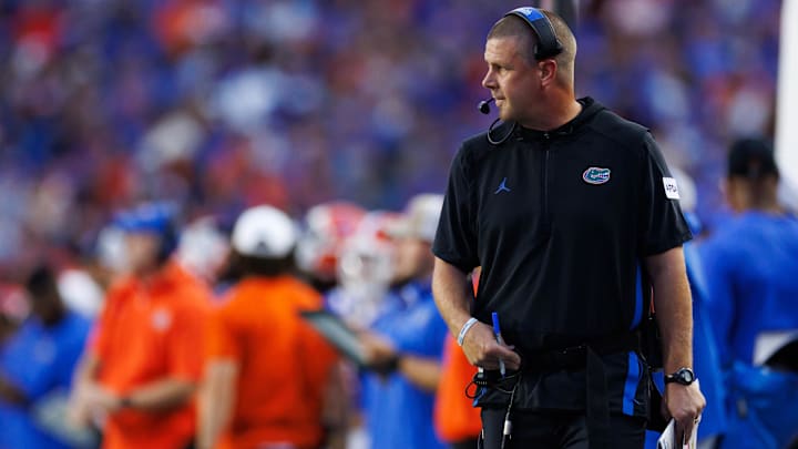 Aug 30, 2025; Gainesville, Florida, USA; Florida Gators head coach Billy Napier looks on against the Long Island Sharks during the first half at Ben Hill Griffin Stadium. Mandatory Credit: Matt Pendleton-Imagn Images