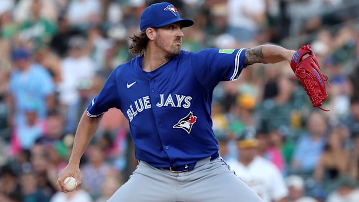 Jul 12, 2025; West Sacramento, California, USA; Toronto Blue Jays starting pitcher Kevin Gausman (34) throws a pitch against the Athletics during the second inning at Sutter Health Park