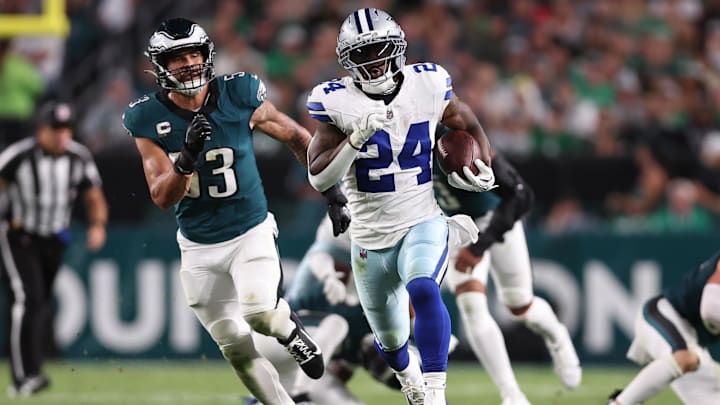 Sep 4, 2025; Philadelphia, Pennsylvania, USA; Dallas Cowboys running back Miles Sanders (24) in action against the Philadelphia Eagles at Lincoln Financial Field. Mandatory Credit: Bill Streicher-Imagn Images Sep 4, 2025; Philadelphia, Pennsylvania, USA; Dallas Cowboys running back Miles Sanders (24) in action against the Philadelphia Eagles at Lincoln Financial Field. Mandatory Credit: Bill Streicher-Imagn Images