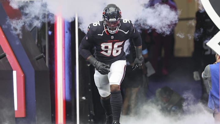 Oct 27, 2024; Houston, Texas, USA; Houston Texans defensive end Denico Autry (96) runs onto the field before the game against the Indianapolis Colts at NRG Stadium. Mandatory Credit: Troy Taormina-Imagn Images
