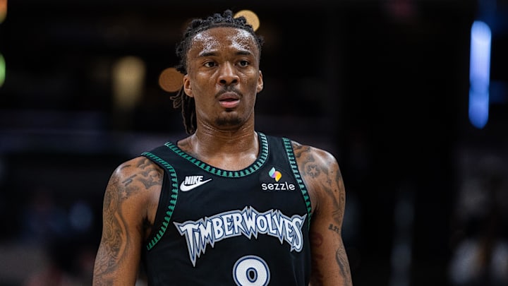 Apr 7, 2026; Indianapolis, Indiana, USA; Minnesota Timberwolves guard Bones Hyland (8) looks on in the second half against the Indiana Pacers at Gainbridge Fieldhouse. Mandatory Credit: Trevor Ruszkowski-Imagn Images